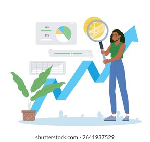 Woman holding magnifying glass with dollar sign, standing beside financial graphs and chart elements, on white background. Concept of economic or data analysis. Vector illustration