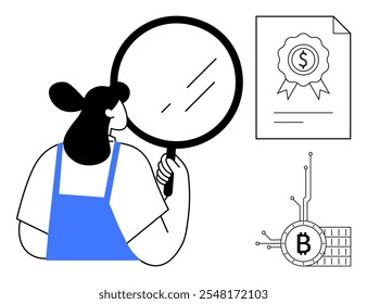 Woman holding a magnifying glass examining financial document with dollar sign certificate and Bitcoin symbol. Ideal for finance, cryptocurrency, investment, analysis, research. Minimalist line art