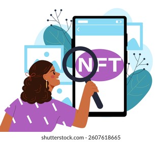 Woman holding magnifying glass inspecting NFT on smartphone screen, flat graphic style with abstract shapes and icons, on white background. Concept of digital art. Vector illustration