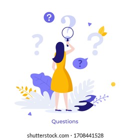 Woman holding magnifying glass and looking through it at interrogation points. Concept of frequently asked questions, query, investigation, search for information. Modern flat vector illustration.