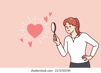 Woman holding magnifying glass looking at heart symbol. Happy girl looking for love or relationships with magnifier. Flat vector illustration. 