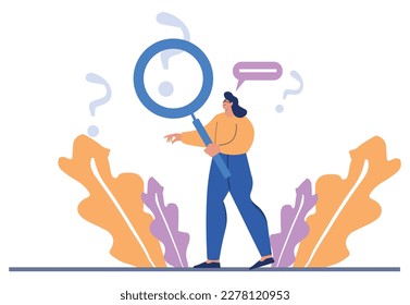 Woman holding a magnifying glass and looking through it at the question marks. Concept of FAQ, query, investigation, information search. Modern flat vector illustration.