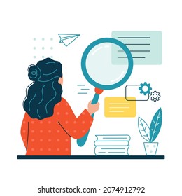 Woman Holding A Magnifying Glass Or Loupe And Looking For Information In The Database. Search, SEO Or Research Concept. Optimization Of Finding Websites, Files. Isolated Flat Vector Illustration.