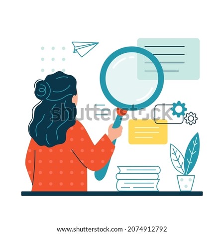 Woman holding a magnifying glass or loupe and looking for information in the database. Search, SEO or research concept. Optimization of finding websites, files. Isolated flat vector illustration.