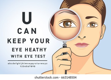 Woman holding magnifying glass on blue background with any text message in eye chart test style. Illustration is concept about eyesight.