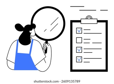 Woman holding magnifying glass over checklist highlighting inspection, analysis, and careful review. Ideal for business, auditing, quality control, productivity, task management, organization