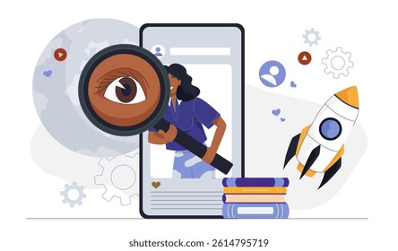 Woman holding magnifying glass over mobile screen with rocket, books, and social media icons around, on white background. Concept of online identity search. Vector illustration