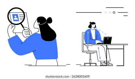 Woman holding magnifying glass over profile picture and another woman working on a laptop at a desk. Ideal for recruitment, job search, online profiles, remote work, data analysis, office setup