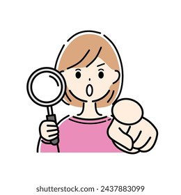 A woman holding a magnifying glass and pointing.