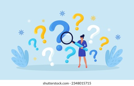 Woman holding magnifying glass, researching information. FAQ Frequently Asked Questions, query. Root cause analysis, solving problem. Creative thinking idea. Investigate, search or analyze data