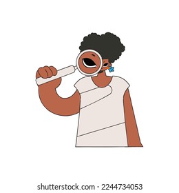 The woman is holding a magnifying glass. Search for the necessary information on the Internet. Retro style character.