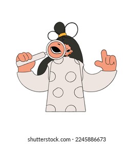 A woman is holding a magnifying glass. Search for the necessary information on the Internet. Linear retro style character.