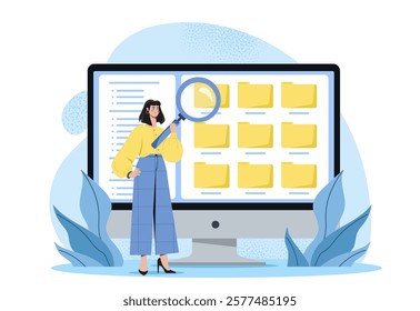 A woman holding a magnifying glass stands before a desktop screen displaying yellow folders. Flat design style, light abstract background. Concept of file search. Vector illustration