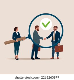 Woman holding magnifying glass zoom in two businessmen shake hands and agree to do business. Business transparency. Flat vector illustration.