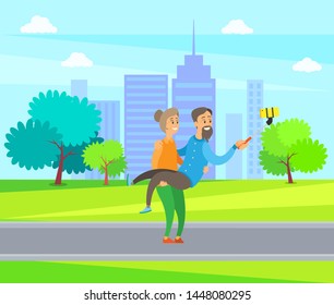 Woman holding man on hands vector, happy couple in city park having fun together, male holding phone and taking selfie with grandmother, pensioners