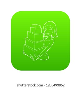 Woman holding many boxes icon green vector isolated on white background