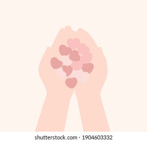 Woman holding many pink hearts in hands are ready to be given to others in pastel color. Valentine's day concept. Hand draw style.