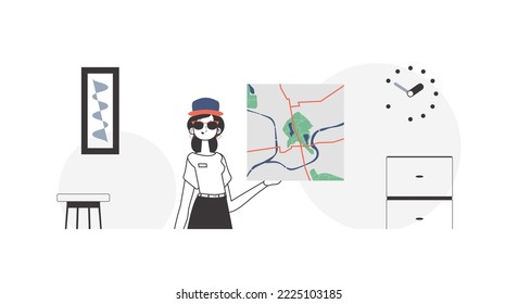 The woman is holding a map. Delivery concept. Linear style.