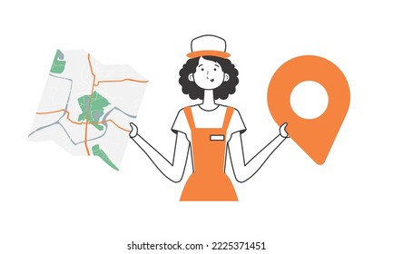 The woman is holding a map. Delivery concept. Linear style. Isolated, vector illustration.