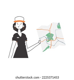 The woman is holding a map. Delivery concept. Lineart style. Isolated, vector illustration.