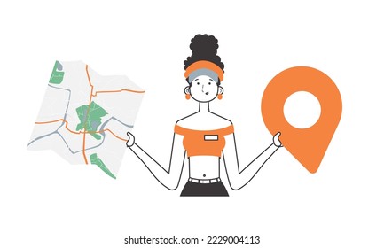 The woman is holding a map. Delivery concept. Linear trendy style. Isolated, vector illustration.