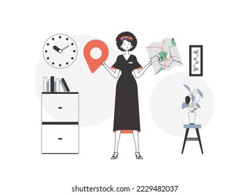 The woman is holding a map. Delivery concept. Linear style.