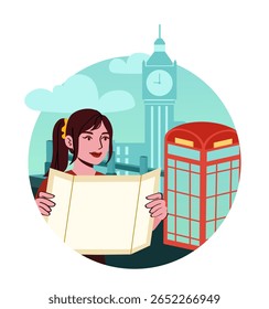 Mulher segurando um mapa em frente aos famosos marcos de Londres, incluindo uma cabine de telefone vermelho e Big Ben, estilo de desenho animado plano, fundo circular. Conceito de turismo. Ilustração vetorial