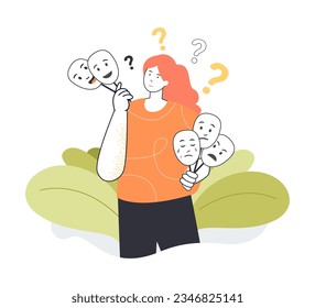 Mujer sosteniendo máscaras expresando emociones ilustrando vectores. Niña pasando por un viaje emocional, una transformación, máscaras que muestran sentimientos. Emociones, psicología, salud mental, concepto de personalidad