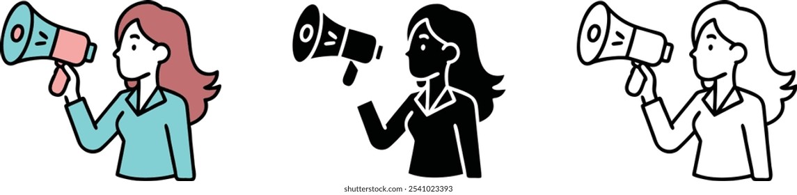 Mulher segurando Megaphone ícone de comunicação de anúncio