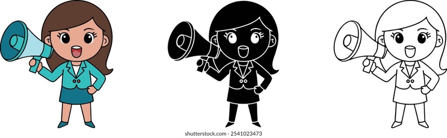 Mulher segurando Megaphone ícone de comunicação de anúncio