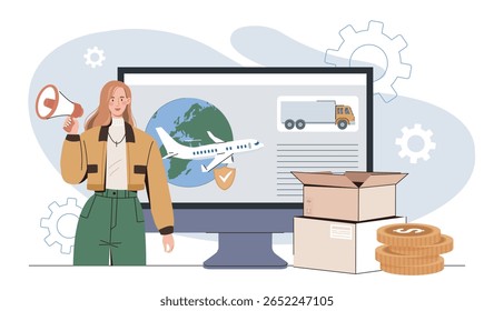 Woman holding megaphone beside monitor with airplane, truck, boxes, and coins, flat graphic style, white background. Concept of global logistics and shipping. Vector illustration