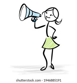 Woman holding a megaphone - Business news or sales concept - vector stick figure illustration
