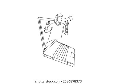 Woman holding megaphone come out from notebook drawing in continuous one line drawing. Note book and megaphone in single line art illustration. Editable vector.  