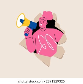Woman holding megaphone coming out from torn paper.  Colorful vector illustration
