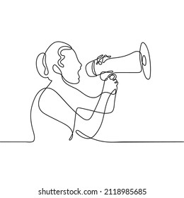 A woman holding a megaphone is drawn in a single continuous line. Isolated on a white background, an energetic female speaks loudly into a loudspeaker. The female character makes a strong statement.