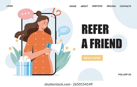 Mulher segurando megafone emergindo de smartphone, bolhas de fala, caixa de presente, estilo plano, em fundo branco. Conceito de programa de encaminhamento. Ilustração vetorial