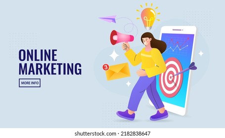 Woman holding a megaphone. Influencer marketing concept. blogger promotion services and goods for her followers online. Success and achievement. Online course education. strategy target. vector