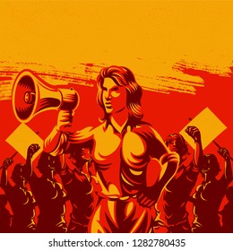 Woman holding megaphone with large crowd of women with their hands raised in the air propaganda style illustration. Retro revolution poster design.