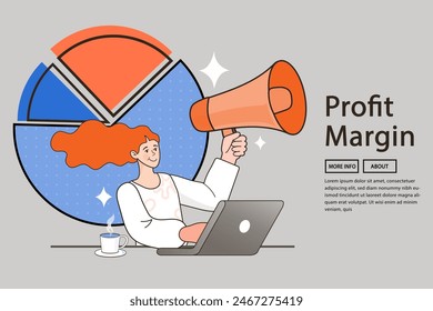 Woman holding a megaphone with a pie graph. Marketing, Advertise and product presentation. Business people discussing ideas to increase company profit. cooperation marketing vector illustration.