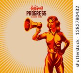 Woman holding megaphone propaganda style illustration. Retro revolution poster design.