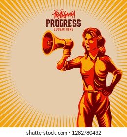 Woman holding megaphone propaganda style illustration. Retro revolution poster design.