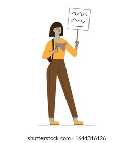 Woman holding megaphone. Protest activist showing placard flat vector illustration. Conflict, movement, campaign concept for banner, website design or landing web page