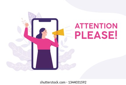 woman holding a megaphone and shouting attention please, woman standing on the phone and holding megaphone, attention please word vector illustration concept