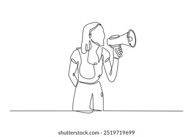 Mujer que sostiene el megáfono para hablar el dibujo continuo de una línea. La persona sostiene el altavoz del megáfono en la ilustración del arte de la sola línea. Vector editable.  