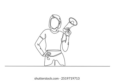 Woman holding megaphone to speak up continuous one line drawing. Person holds megaphone speaker in single line art illustration. Editable vector.  
