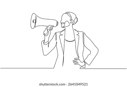 Woman holding megaphone to speak up continuous one line drawing, One continuous line drawing of a girl with a megaphone . An energetic female speaks loudly into a loudspeaker.