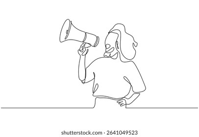 Woman holding megaphone to speak up continuous one line drawing, One continuous line drawing of a girl with a megaphone . An energetic female speaks loudly into a loudspeaker.