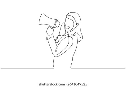 Woman holding megaphone to speak up continuous one line drawing, One continuous line drawing of a girl with a megaphone . An energetic female speaks loudly into a loudspeaker.