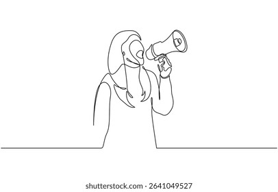 Woman holding megaphone to speak up continuous one line drawing, One continuous line drawing of a girl with a megaphone . An energetic female speaks loudly into a loudspeaker.