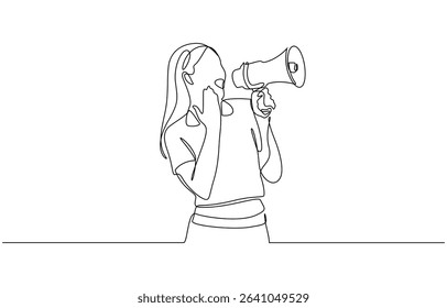 Woman holding megaphone to speak up continuous one line drawing, One continuous line drawing of a girl with a megaphone . An energetic female speaks loudly into a loudspeaker.